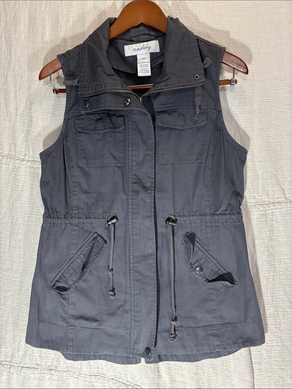 Sebby Dark Gray Sleeveless Utility Cargo Vest Cinch Waist Size Small EUC Cotton